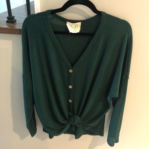 Emerald green knotted knit button down. Size M